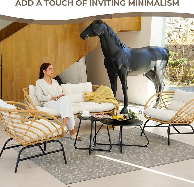 Grand patio Patio Furniture Set, Outdoor Wicker Patio Conversation Seating Chair with Cushions and Coffee Table, Boho Seating Chat Set for Indoor Outdoor, Balcony, Porch, Garden, Deck