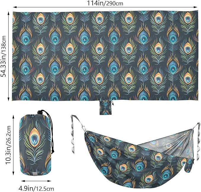 Camping Hammock Outdoor Hammocks for Outside Peacock Feather Dark Beach Trees Portable Lightweight with Pockets Tree Straps Indoor