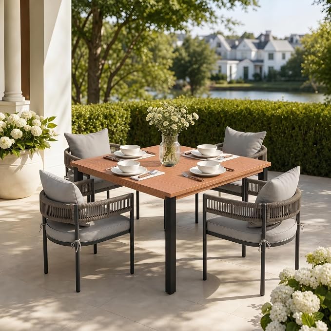 VICLLAX Patio Dining Set, 40.2" Walnut Table & 4 Chairs with Grey Cushion | Outdoor Table and Chairs Set of Square Metal Patio Table, Outdoor Dining Chairs with Metal Frame, Garden Deck Porch