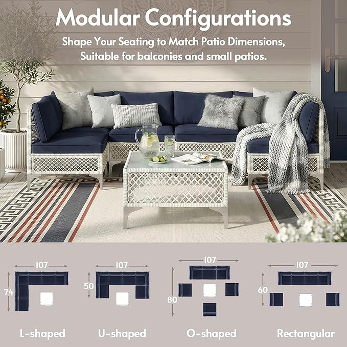 ENSTVER 7-Piece Outdoor Patio Furniture Set, Value Lightweight Boho Outdoor Sectional with Handwoven Wicker & Easy Assembly, Durable Outdoor Sofa for Small Patio, Balcony（Cushion Navy Blue）
