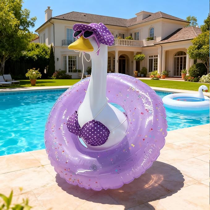 Hawaiian Porch Goose Outfits with Hat Sunglasses & Swim Ring, Summer Bikini Goose Outfit Clothes Costume Fits 23" Cement Geese Statue, Summer Garden Lawn Patio Yard Outdoor Decor (Summer style-Purple)