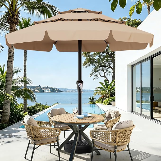 AreShark 11FT 3-Tiers Patio Umbrella with Valance, Outdoor with Crank, Large Outdoor Market Umbrellas Vented with 8 Sturdy Ribs, Patio Table Umbrellas for Garden, Deck, Backyard, Pool, Beige