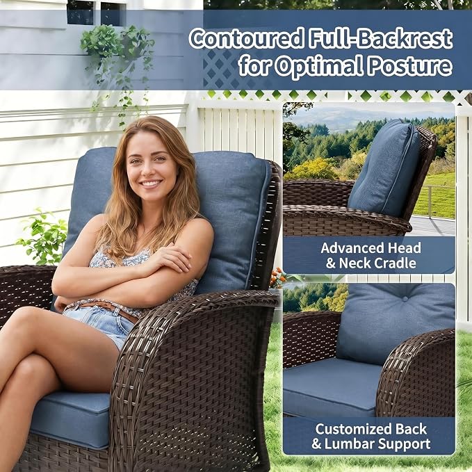 SHGJ&SOFT All Weather Patio Furniture Set, High Back Swivel Rocker Glider Chairs，Ottomans & Glass Tables, Outdoor Conversation Set for Deck Porch Yard Poolside (Blue, 3PCS-Swivle Chairs&Table)