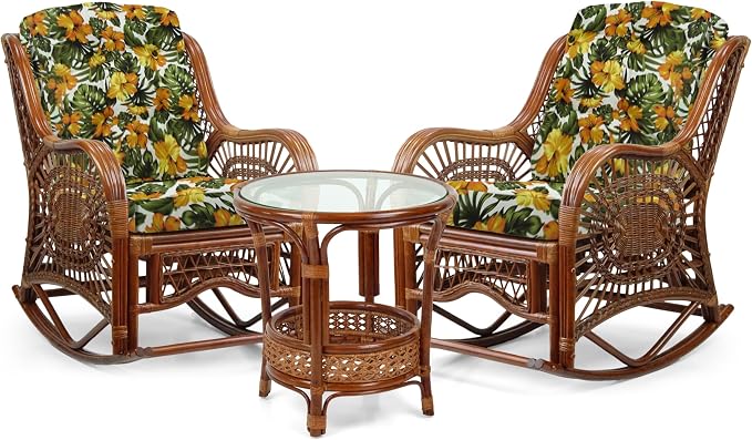Malibu Handmade Natural Rattan Living Room Set of 2 Rocking Lounge Chairs and Round Coffee Table with Glass, Colonial Color with Floral Cushions
