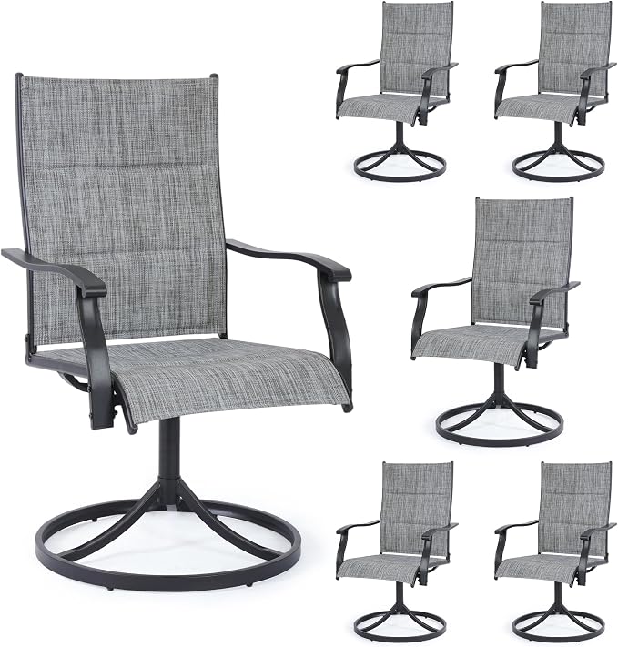 Patio Swivel Rocker Chairs Set of 6,Outdoor Dining Chairs High Back,15° Gentle Rocking Patio Chair with Padded Textilene, Metal Frame for Poolside Lawn Garden,Grey(6 PCS)