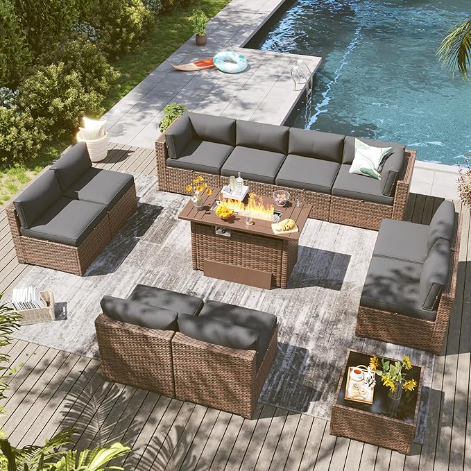 LazySunsets 12 Piece Outdoor Patio Furniture Set with 44'' Fire Pit Table, Outdoor Patio Furniture Sets with Waterproof Cover and 4'' Cushion, Wicker Rattan Outdoor Conversation Set for Backyard, Grey
