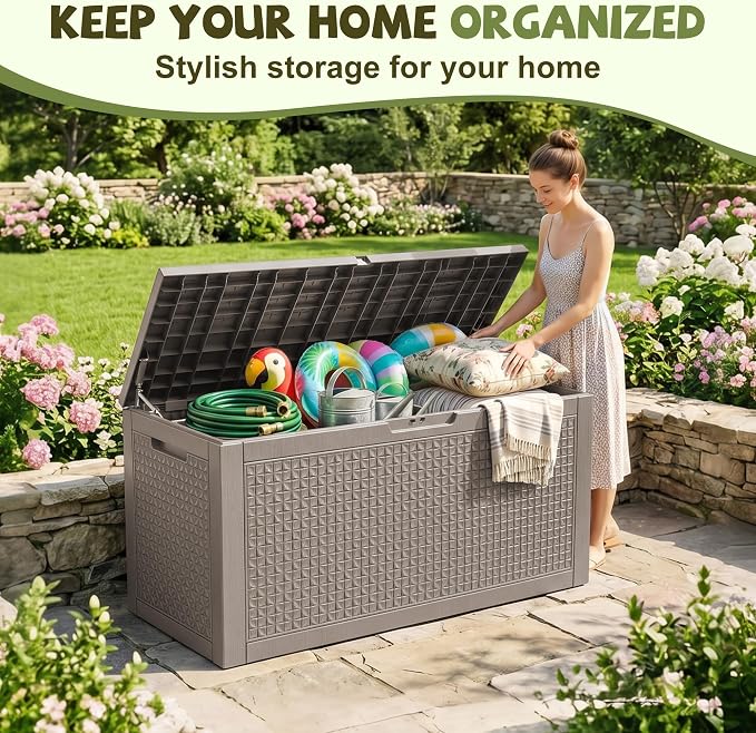 150 Gallon Outdoor Storage Box, Large Resin Deck Box Waterproof, Lockable Toy Storage Container, Storage Bins with Lids for Patio furniture, Garden Tool Box, Grey