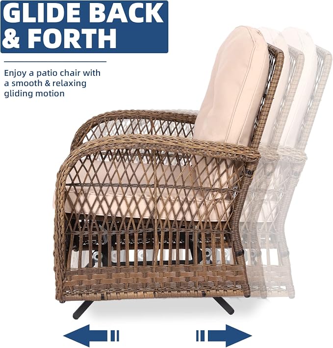 3-Piece Patio Wicker Conversation Bistro Set, All-Weather Gliding Rocking Chairs with Thickened Cushions and Glass Top Table, Outdoor Rattan Furniture Sets for Balcony Porch Garden