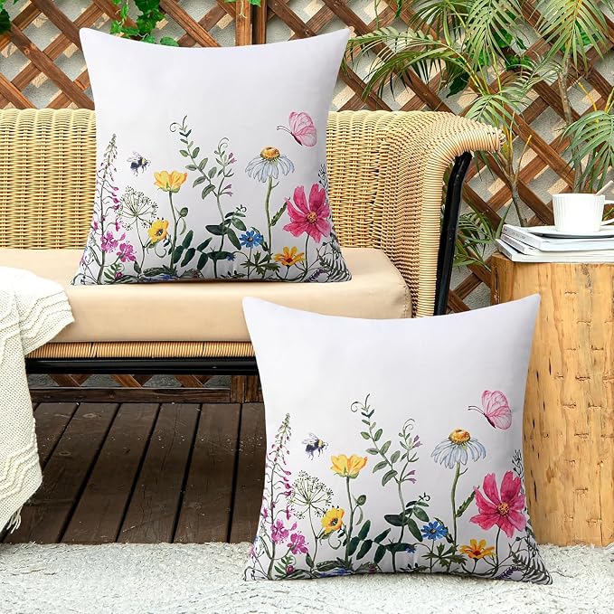 Merrycolor Waterproof Outdoor Flower Pillow Covers Spring Decorations for Home Spring Summer Throw Pillow Covers18×18 Pack of 2 Farmhouse Cushion Covers for Tent Porch Swing Patio Garden Couch Sofa