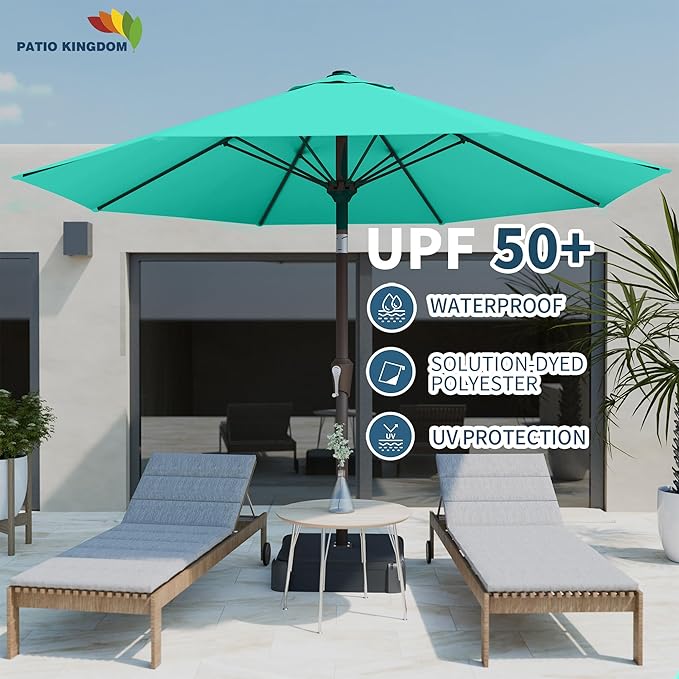 PatioKingdom Auto-Tilt 9FT Patio Umbrella Outdoor with 8 Sturdy Fiberglass Ribs,Market Table Umbrella for Pool,Backyard,Deck and Garden(Peacock Blue)