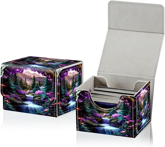 Card Deck Box for MTG, Cards Storage Box Fits 120+ Sleeved, Leather Small Size Strong Magnetic Closing Card Case for Board Games Magic TCG CCG Baseball Collection, Purple Mountains