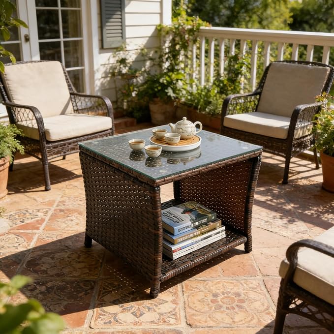 Outdoor Patio Wicker Table,Rattan Side Table,Modern Patio End Side Table with Glass Countertop and Storage Space,for Porch Garden Balcony
