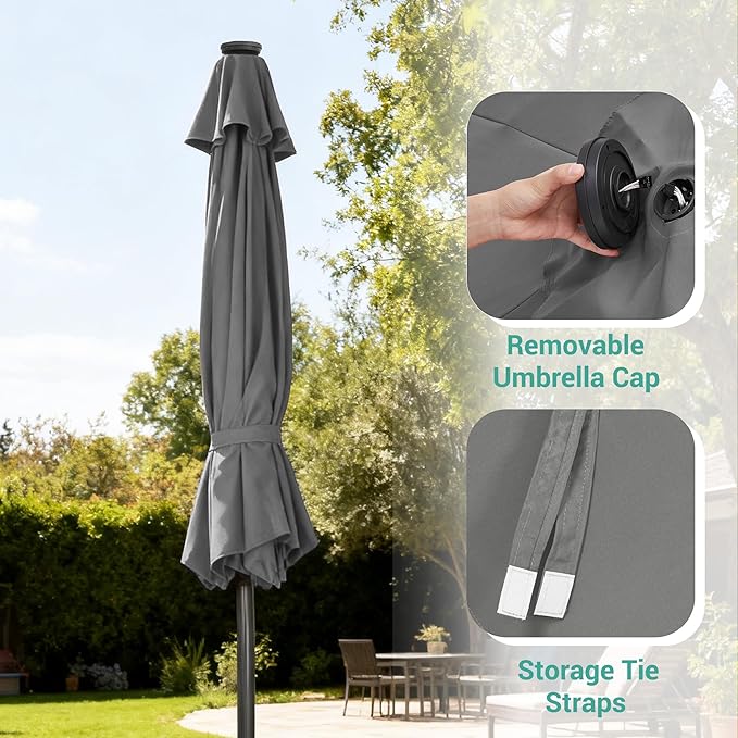 9ft Patio Umbrella Outdoor with Solar Lights,32 LED Lighted Table Market Umbrella with Tilt and Crank, 2-Year-Non-Fading, 8 Sturdy Ribs,for Pool, Deck, Garden,Backyard