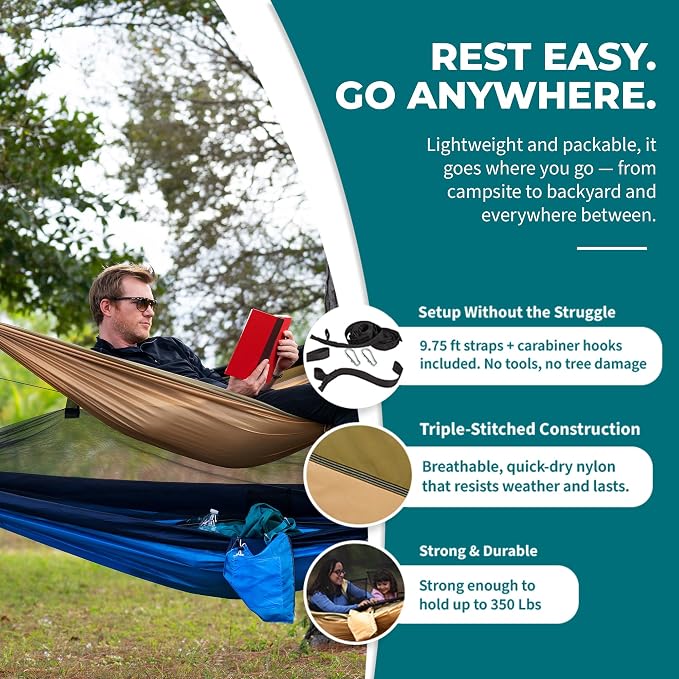 Bliss Hammocks Hammock in a Bag with Mosquito Net and Adjustable Tree Straps, Nylon Hammock for Camping and Outdoor Use, 350 Lb Capacity, Forest Green