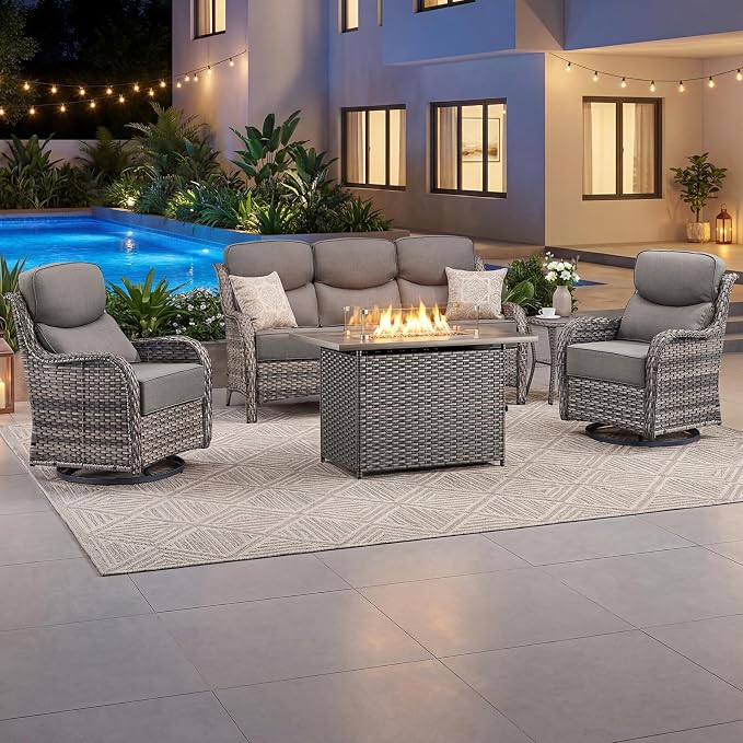Luxury Patio Furniture Set with 6-inch Thick Cushion, Outdoor Furniture with Fire Pit Table, Swivel Chairs, Side Table, Sofa, 5pcs Wicker Conversation Set for Deck Yard Grey Wicker | Grey Cushions