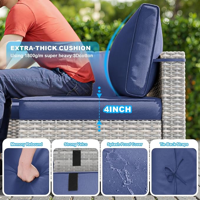 7-Piece Patio Furniture Set, Outdoor Sectional with Thick Cushions, Modular Patio Sofa, Dual-Strand Wicker Rattan, Rust-Resistant Frame, Backyard Furniture for Garden, Deck, Navy Blue