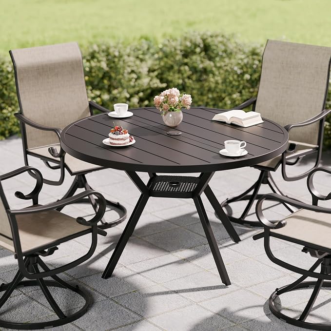 Betterhood 42” Outdoor Patio Table, Metal Patio Dining Table for All Weather, Round Outdoor Coffee Table, Patio Table with Adjustable Umbrella Hole or Garden, Backyard and Porch