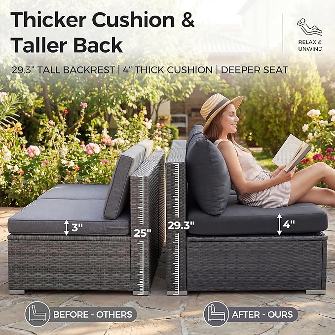 NICESOUL 13 Piece Outside Patio Set with Firepit Table, Luxury Full Size Outdoor Sectional Sofas with Pool Loungers, Oversized 29.3" Highback Wide Deep Backyard Fire Pit Seating for 10, Dark Grey