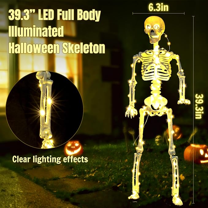 2 Pack 40 Inches Plug Operated 400 LED Light Up Halloween Skeleton Full Body Posable Movable Jonints for Halloween Decoration Décor