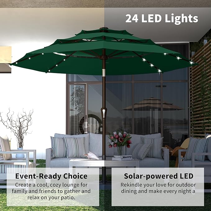 Kingdura 10ft 3-Tier Patio Umbrella with Solar Lights, Table Umbrella Outdoor Patio with Easy Crank & Tilt, 8 Sturdy Ribs, UV Protection, 32 LED Lights for Deck, Poolside, Market (Dark green)