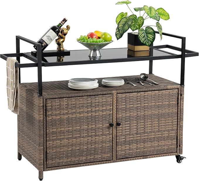 HOMEFUN Outdoor Bar Cart Table - Patio Console Storage Cabinet BBQ Grill Carts Buffet with Wheels Waterproof Wicker Serving Tables for Outside, Brown