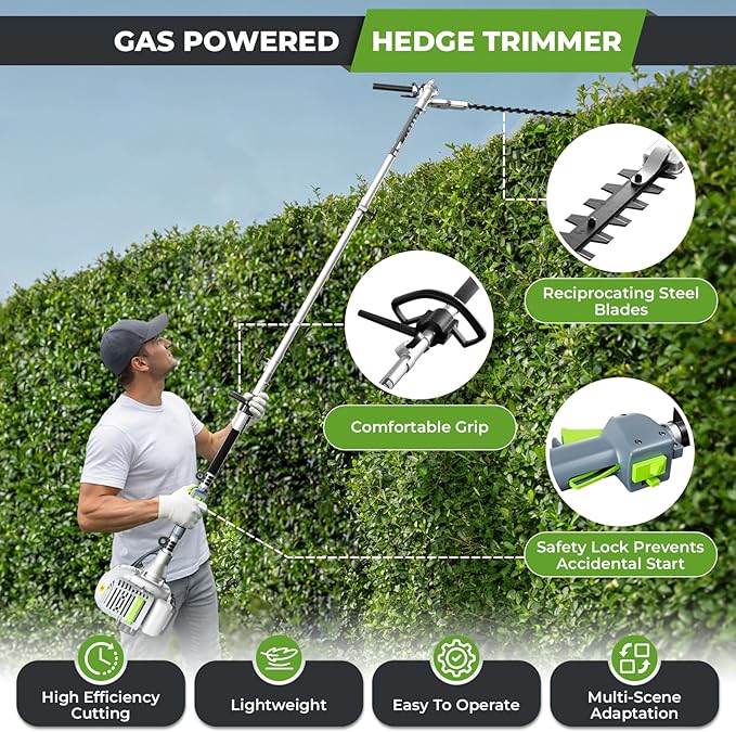 36CC Gas Hedge Trimmer, 2-Stroke Pole Hedge Trimmer with 27.5Inch Cutter Bar, Double Reciprocating Blades, 270° Rotatable Cutting Head, Hedge Trimmer Gas Powered for Bushes, Hedges and Garden Trimming
