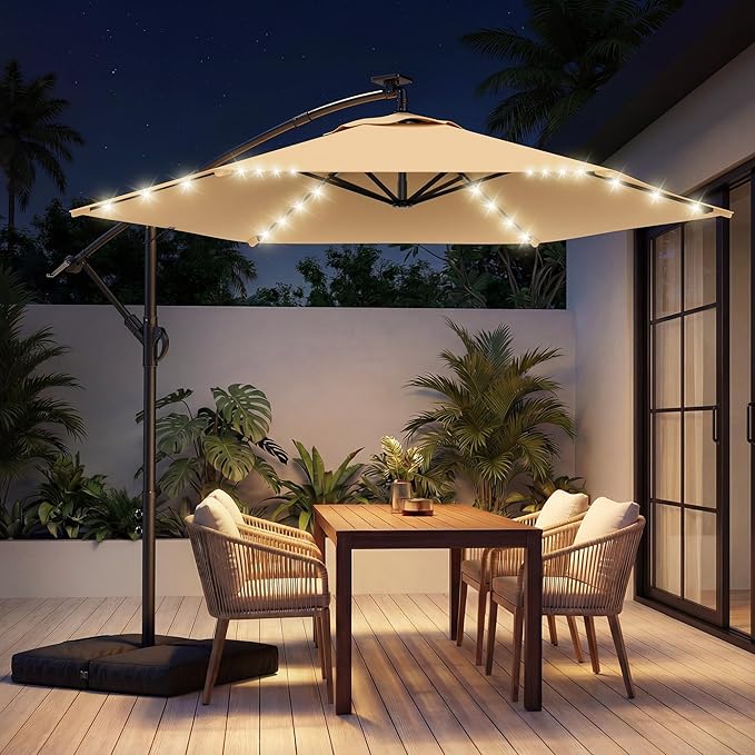 HOMSHADE 10FT Offset Patio Umbrella with Solar Lights, Outdoor Patio Umbrella with Base Included, Easy Tilt and UPF50+ Cantilever Market Hanging Umbrellas for Pool, Deck, Garden, Patio (Beige)