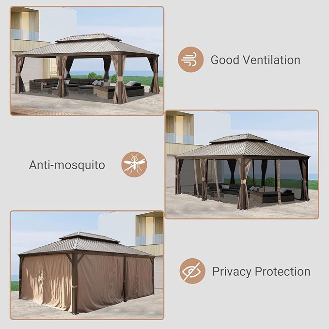 Domi 12' X 18' Hardtop Gazebo, Upgraded Metal Gazebo with Drainage System, Dual-Layer Galvanized Steel Roof, Curtain and Netting, Outdoor Shelter Canopy for Patio, Garden, and Backyard, Brown
