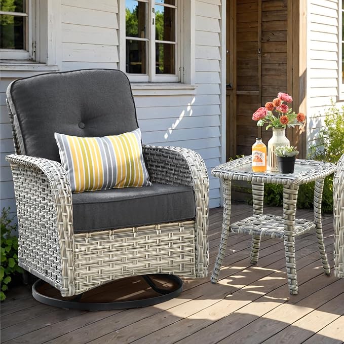 ovios Outdoor Side Table with Tempered Glass Top, Patio Wicker Rattan Bistro Coffee Tables with 2 Tiers Storage for Porch Deck Balcony Garden Poolside, Mixed Brown
