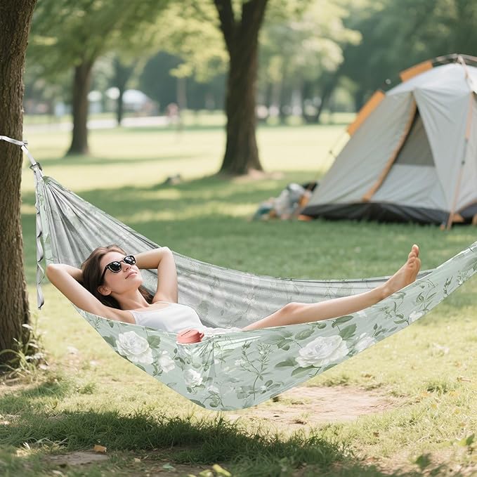 Camping Hammock Outdoor Hammocks for Outside White Rose Flower Light Green Beach Trees Portable Lightweight with Pockets Tree Straps Indoor