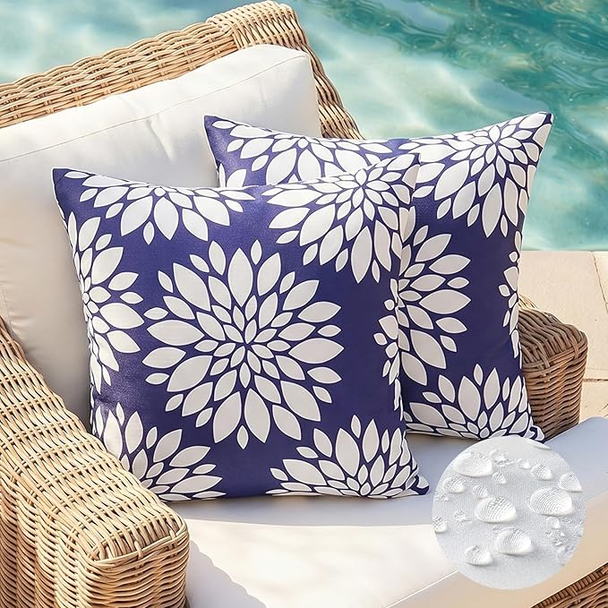 Blue Outdoor Floral Pillow Covers Waterproof 18x18 Set of 2, Outdoor Decorative Throw Pillows Waterproof For Patio Furniture Porch, Navy Blue and White Summer Patio Chair Cushion Covers 18 x 18