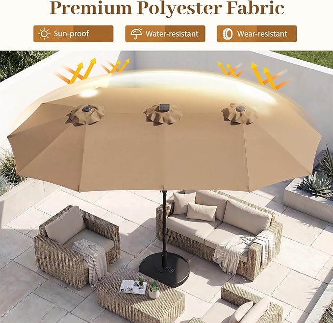 Tangkula 13 Ft Solar Patio Umbrella, Double-Sided Extra Large Outdoor Market Table Umbrella with 36 LED Lights, Crank Handle, 12 Sturdy Ribs for Poolside, Garden & Backyard (Tan)