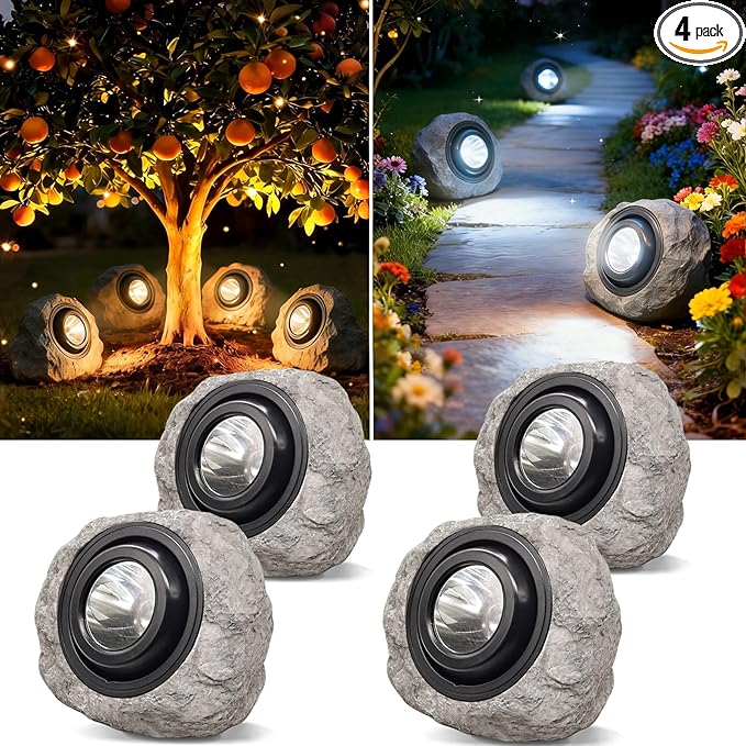 Solar Rock Lights Outdoor,4 Pack IP65 Waterproof LED Solar Ash Gray Garden Stone Spotlights,Warm White & Cool White Switchable,Auto On/Off Landscape Lights for Pathway Walkway Yard Patio