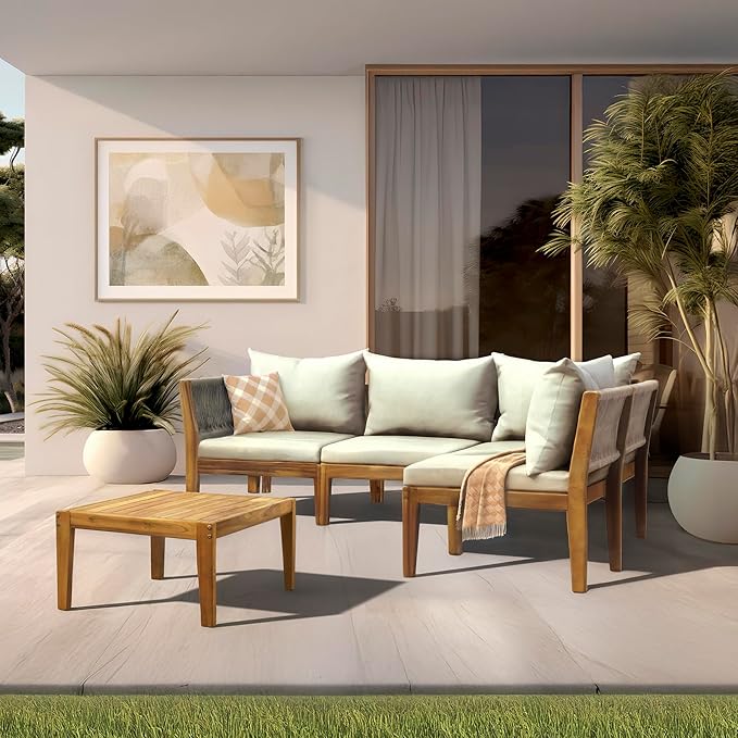 Kinger Home Steven 5-Piece Acacia Wood Outdoor Patio Furniture Set with Cushions Stylish and Durable Compact Wood Patio Furniture Set for Gardens, Decks, and Balconies