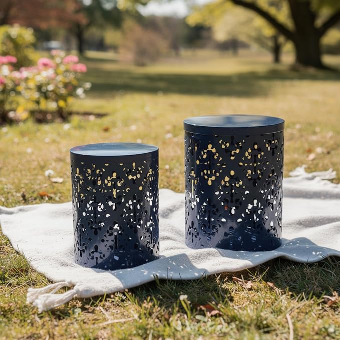 Benzara Kemo Outdoor End Table Set of 2, Round Top, Cutout Design, Navy Blue