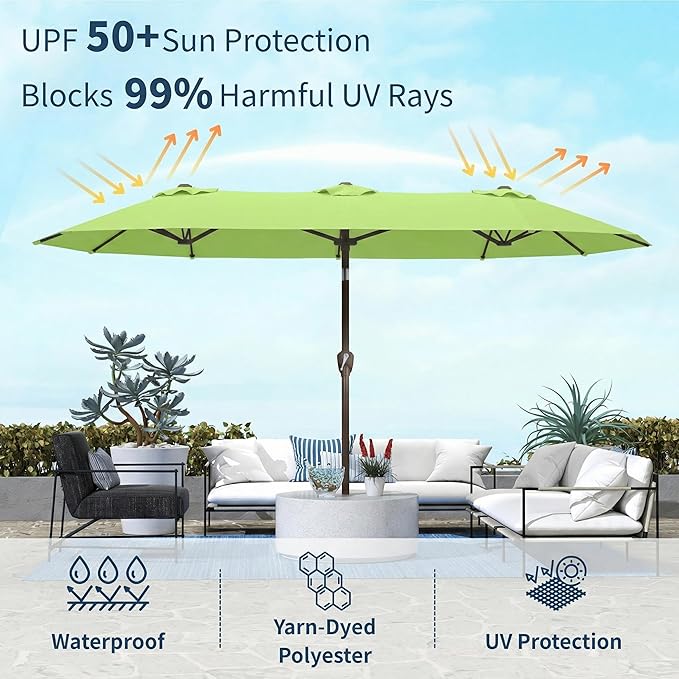15FT Double Sided Patio Umbrella with Base Included Large Outdoor Market Umbrella with Crank Handle, UV Resistant Canopy, Sturdy Frame for Garden, Poolside, Deck, Apple Green