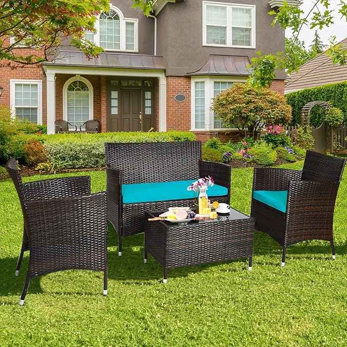 LUARANE 4-Piece Rattan Patio Furniture Set, Outdoor Wicker Sofa Couch Table Set, w/ Thick Seat Cushions Tempered Glass Coffee Table, Conversation Set for Lawn Garden Poolside Backyard (Turquoise)
