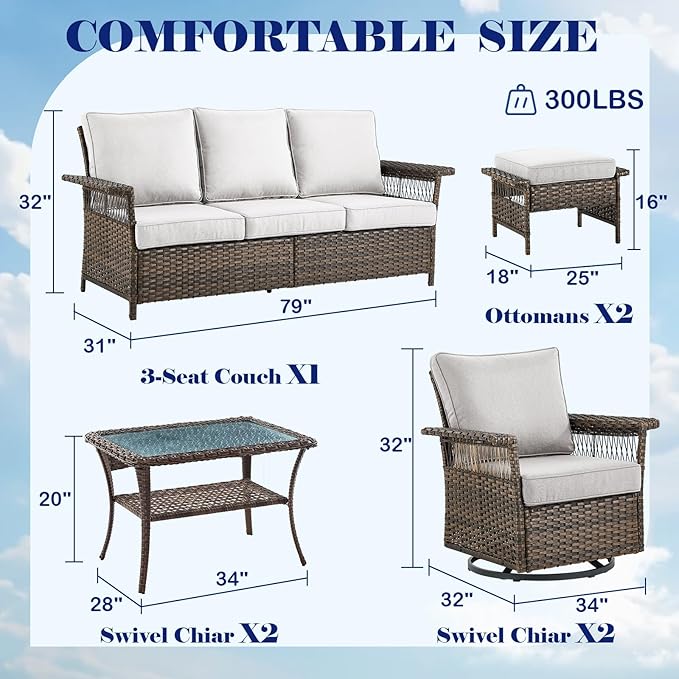 Outdoor Wicker Patio Furniture Set - 6 Piece Rattan Patio Conversation Sets with 2 Swivel Rocking Chairs,2 Ottomans,1 Sofa and 1 Coffee Table for Porch Deck Garden(Brown/Beige)