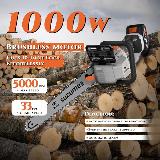 SUZUME Battery Chainsaw 12 Inch, 21V 2x4.0Ah Batteries 2 x Chains Electric Chain saw Cordless with 33 Ft/s Powerful Cutting Auto Oiling for Pruning Fallen Tree Cleaning Wood Cutting DIY