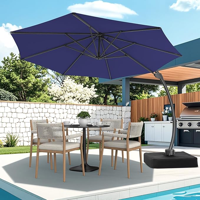 11 FT Outdoor Patio Umbrella with Base, Aluminium Curved Cantilever Umbrella, Large Round Hanging Offset Umbrella with Unlimited Position Adjustment and 360°Rotation for Market Garden Pool, Blue