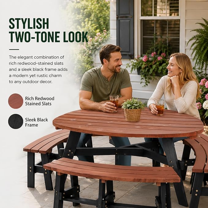 KEIKI 6-Person Outdoor Picnic Table Set with Benches & Umbrella Hole | Seats 6 with a 1,500 lb capacity, solid fir wood, umbrella hole, and 3 built-in benches for outdoor dining