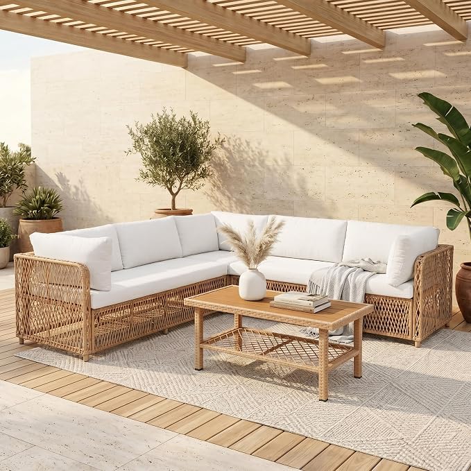Outdoor Sectional 6-Seater Large Luxury Patio Furniture Set Modular L-Shaped Outdoor Furniture with Thick Cushion All Weather Wicker Boho Patio Conversation Sets for Deck, Backyard
