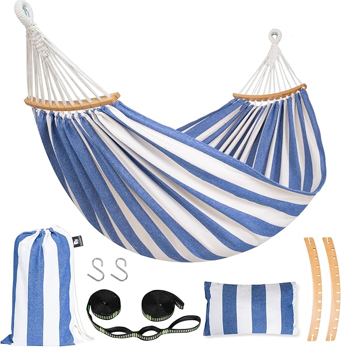 SUNCREAT Hammocks Outdoor Camping Double Hammock for Trees, Backyard Hammock Portable, Blue & White