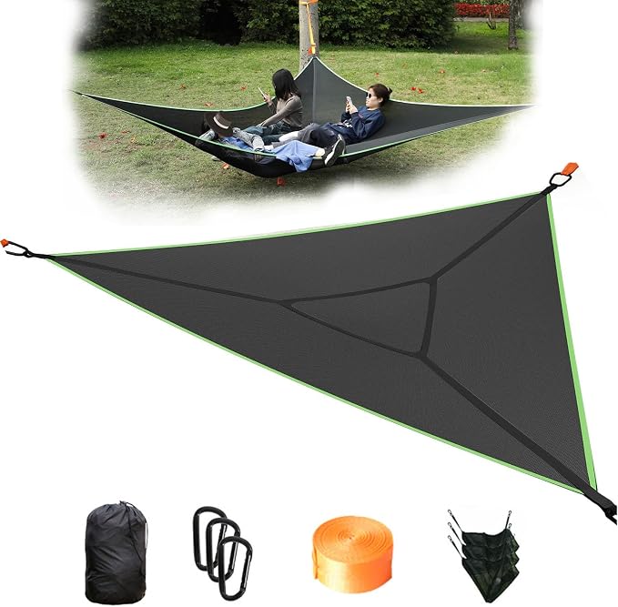 Multi-person triangular hammock, aerial camping hammock, suspended type, suitable for outdoor adventures, hiking, backyards, and gardens, includes straps, buckles, and storage bag (Black, 110in*110in)
