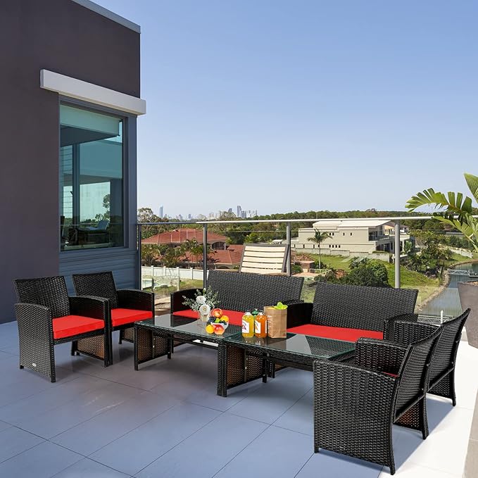 COSTWAY 8 Piece Patio Furniture Set, Outdoor PE Rattan Wicker Sectional Sofa with Cushion and Coffee Table, Patio Conversation Sets for Balcony Lawn Porch Patio Backyard Garden Poolside, Red