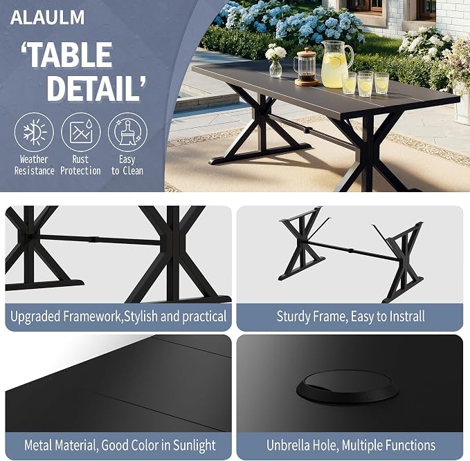 Kurapika 7-Piece Patio Dining Set, Outdoor Cross-Legged Large-Top Table with Umbrella Hole and 8 Swivel/Rocking Chairs, Patio Furniture Set for Garden, Deck, Brown