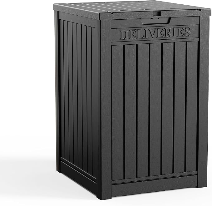EasyUp Package Delivery Boxes for Outside, 55 Gallon Outdoor Storage Deck Box Parcel MailBox Drop Secure Resin Lockable UV Resistant Waterproof Mail Porch Patio Black