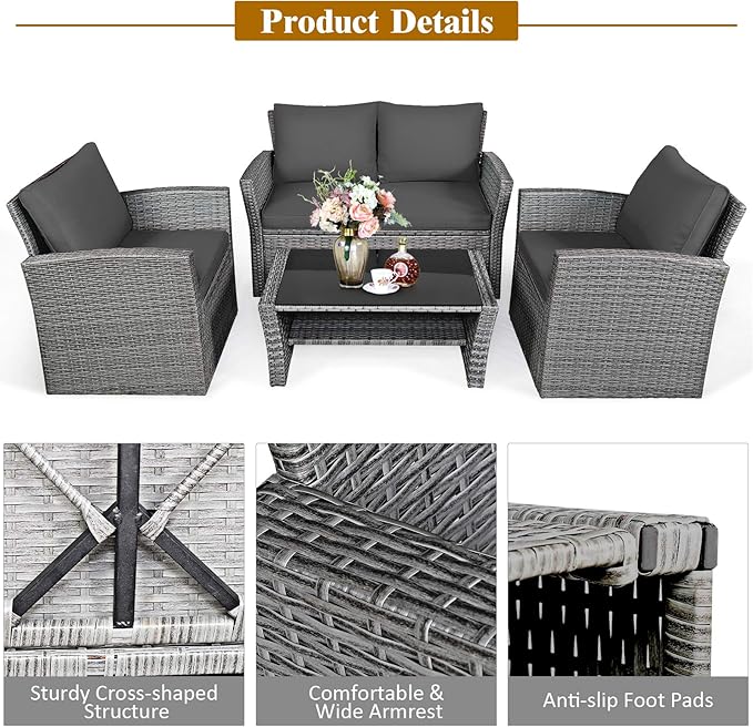COSTWAY 4 Pieces Patio Rattan Furniture Set, Outdoor Wicker Sofa Set with Tempered Glass Coffee Table, Cushions, All Weather Rattan Conversation Set for Yard Balcony Backyard Pool (Grey)