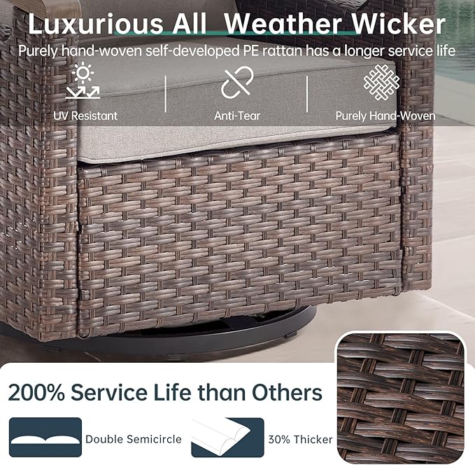 Luxury Outdoor Swivel Rocker Patio Chairs with Metal Side Table - Heavy Duty 3 Piece Patio Furniture Set All Weather Wicker Glider Set with Thick Cushion for Porch, Poolside and Deck - Beige