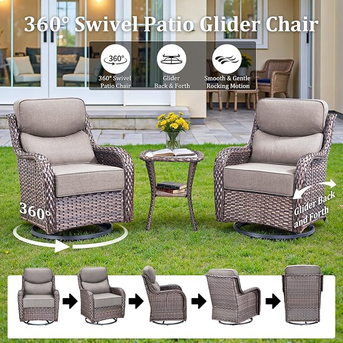 Luxury High Back Patio Furniture Set Fire Pit Table with 6-Inch Thick Cushions, 5-Pieces Outdoor Furniture w/ 4 Swivel Chairs, Wicker Conversation Set for Porch, Balcony, Deck and Yard, Brown/Grey
